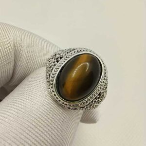 home men's silver plated ring featuring brown tiger eye stone