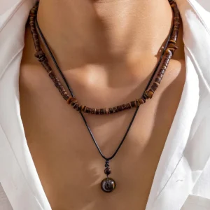 home men's bohemian coconut shell bead stone pendant necklace set